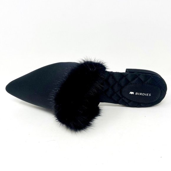 Birdies The Dove Onyx Black Womens Slip On Mink Fur Pointed Toe Mules - Picture 4 of 5